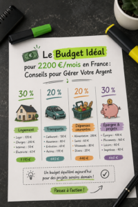 Femme examinant son budget mensuel avec des calculs et un ordinateur