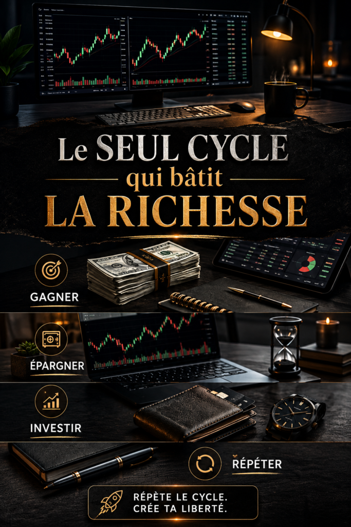 Femme élégante et confiante observant des graphiques financiers montrant la croissance de sa richesse.