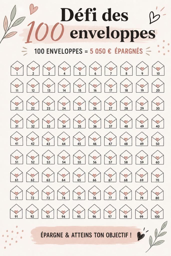 Un aperçu des enveloppes du défi d'épargne : méthode pratique pour économiser.