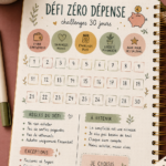 Bullet journal ouvert avec des sections sur les économies