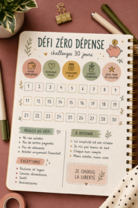 Bullet journal ouvert avec des sections sur les économies