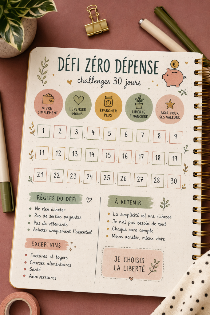 Bullet journal ouvert avec des sections sur les économies
