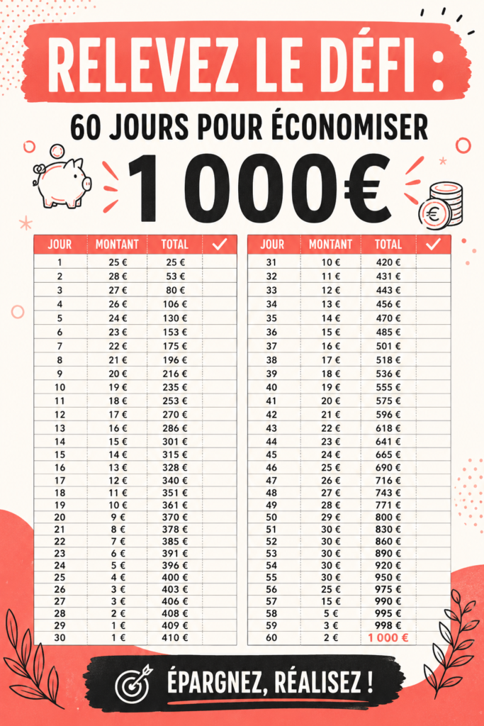 Femme souriante regardant un tableau d'économies de 1 000€ pour le défi de 60 jours