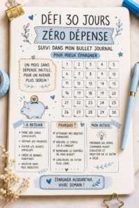 Une page de bullet journal montrant un tracker d'épargne de 30 jours.