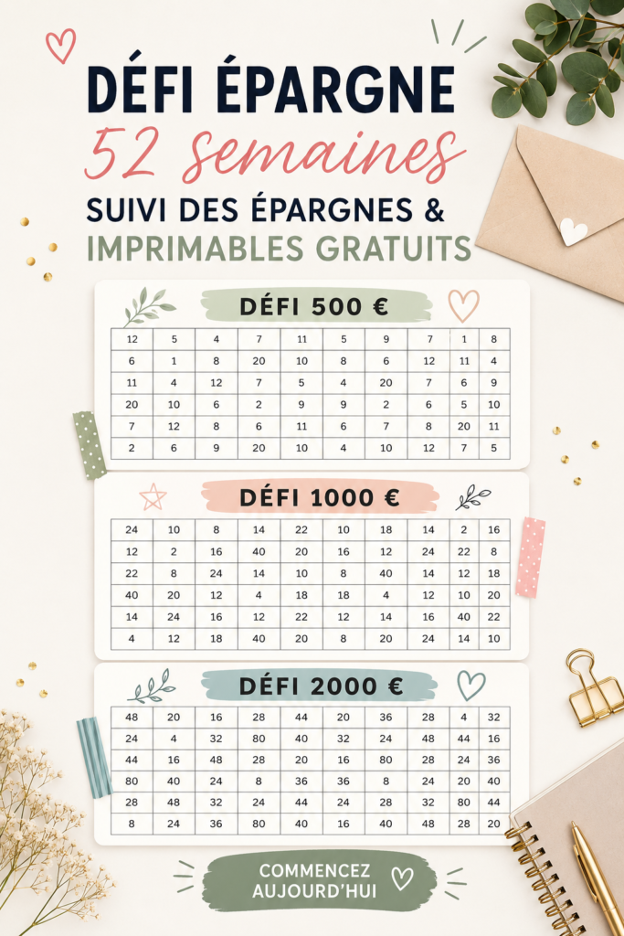 Image du défi d'épargne de 52 semaines avec tracker et graphiques.