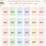 Femme souriante consultant un tableau d'épargne pour ses objectifs financiers.