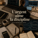 Femme regardant son ordinateur avec des graphiques financiers, symbolisant la discipline financière.