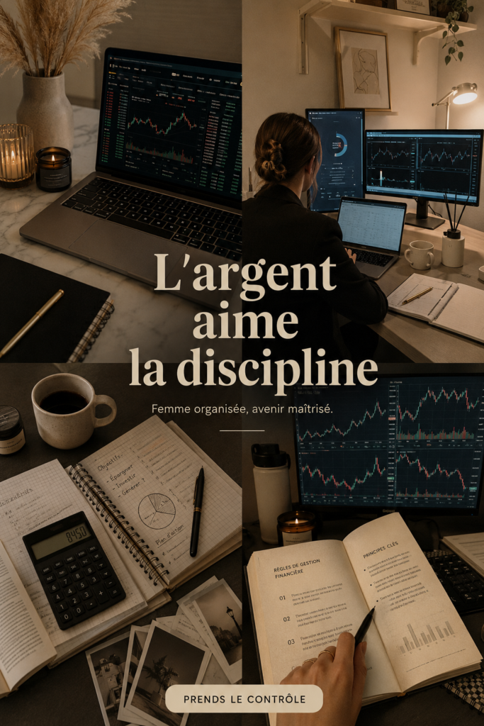 Femme regardant son ordinateur avec des graphiques financiers, symbolisant la discipline financière.