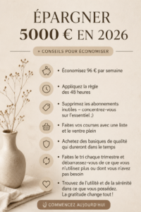 Une femme souriante consulte son budget et planifie des économies pour 2026.