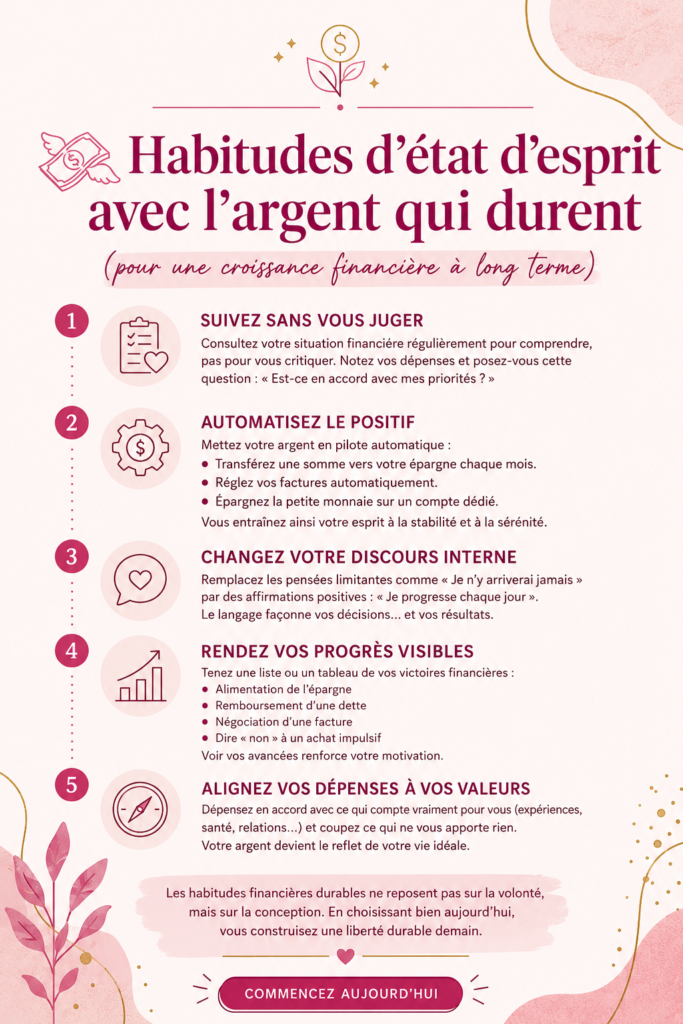 Femme réfléchissant à des habitudes financières durables sur un carnet.