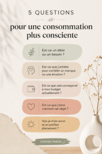 Une femme réfléchissant à ses choix de consommation dans un magasin, avec un panier écologique.