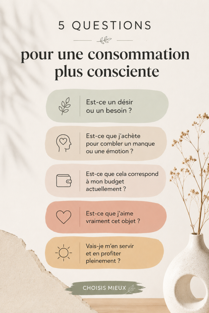 Une femme réfléchissant à ses choix de consommation dans un magasin, avec un panier écologique.