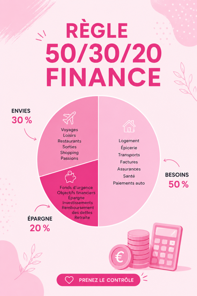Illustration d'une femme regardant un tableau de budget avec la règle 50/30/20 en arrière-plan.