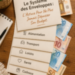 Une femme souriante préparant son budget avec le système des enveloppes.