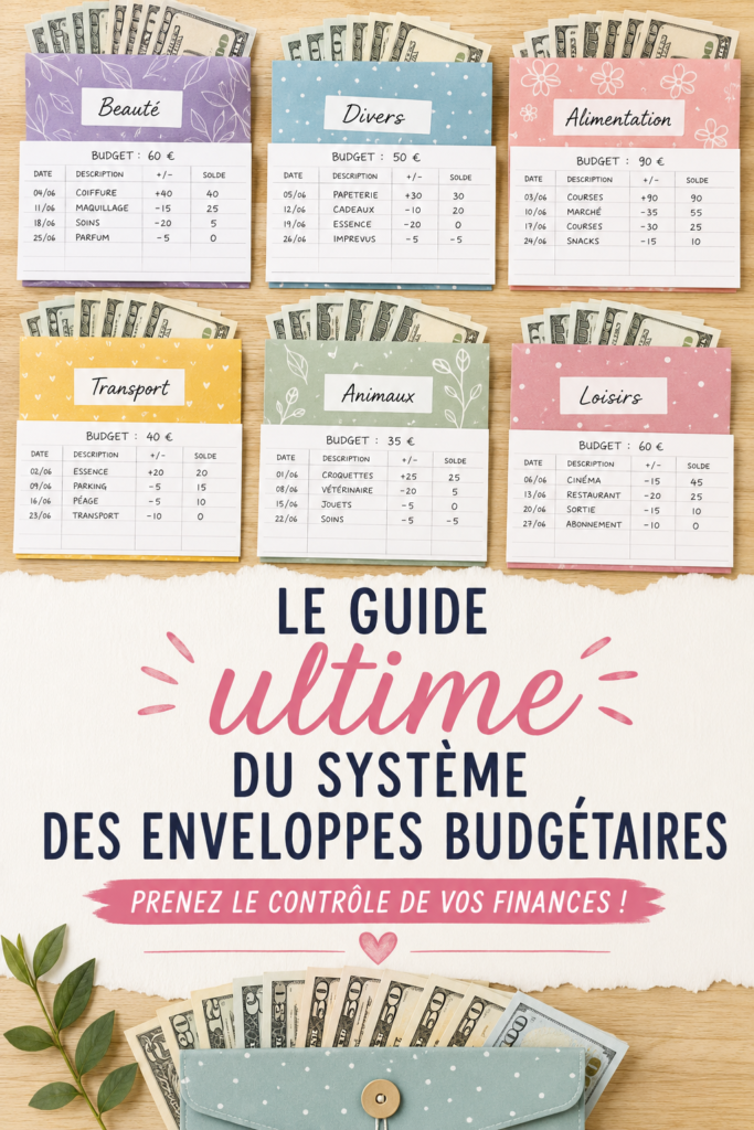 Une femme à son bureau planifie ses finances avec des enveloppes colorées.