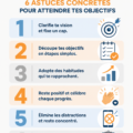 Femme heureuse surmontant des obstacles avec des conseils de motivation en arrière-plan.