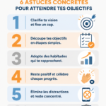Femme heureuse surmontant des obstacles avec des conseils de motivation en arrière-plan.