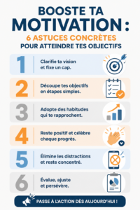 Femme heureuse surmontant des obstacles avec des conseils de motivation en arrière-plan.