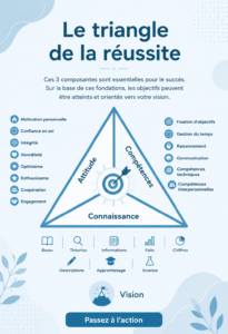 Illustration du triangle de la réussite avec ses trois axes clés : vision, action et persévérance.