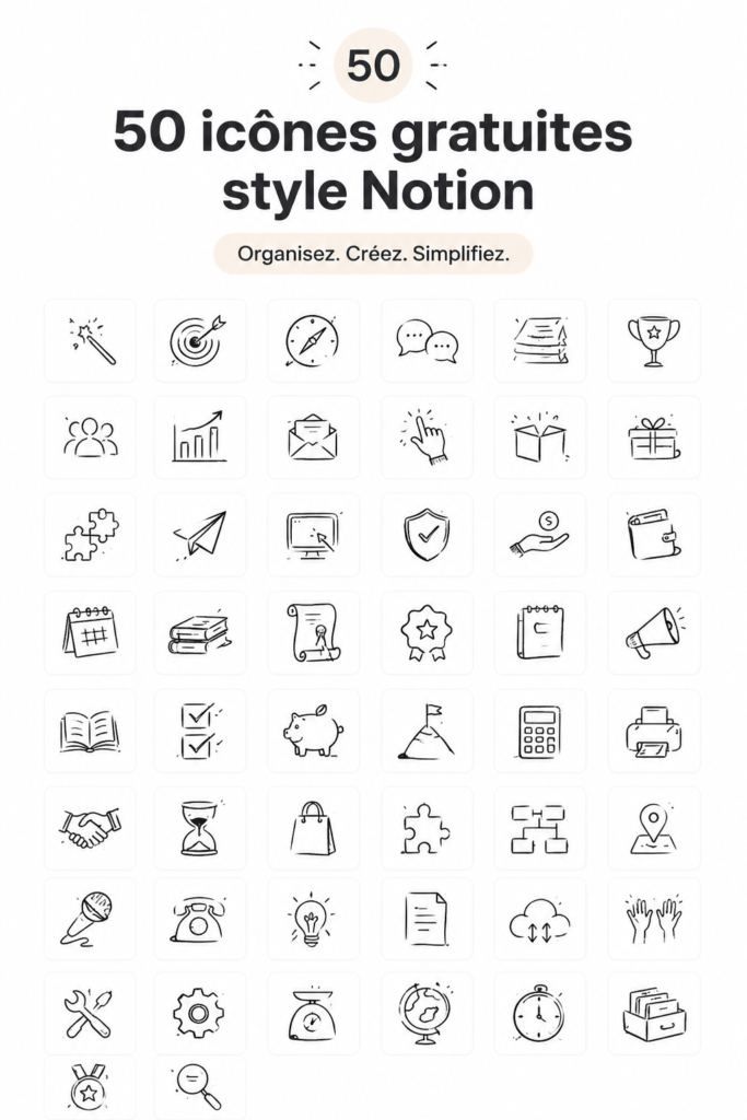 Un aperçu de 50 icônes Notion gratuites adaptées à divers projets.
