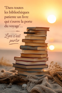 Une femme lisant un livre au bord de la mer, symbolisant le voyage littéraire.