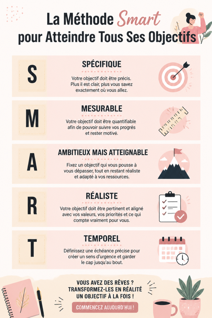 Photo inspirante d'une femme planifiant ses objectifs avec la méthode SMART.