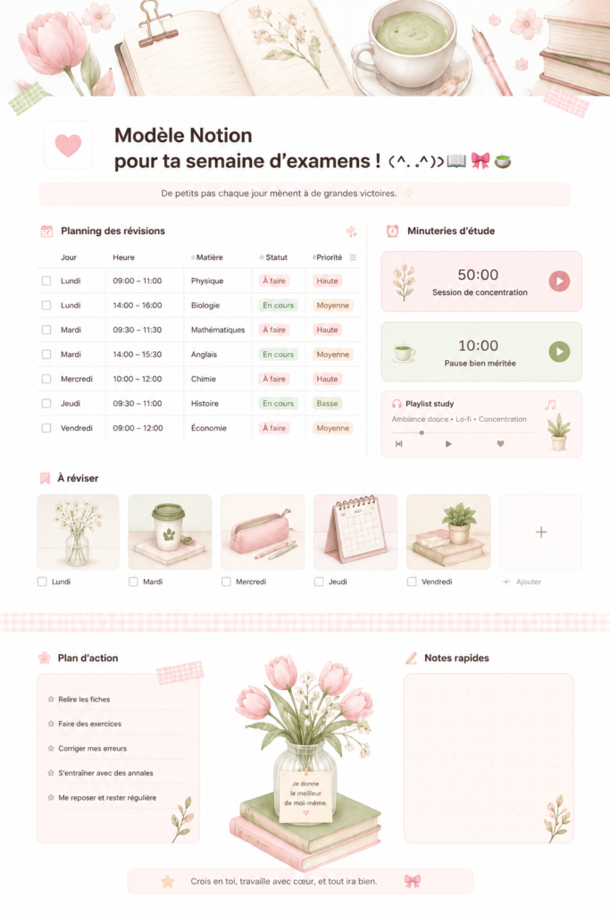 Femme utilisant Notion pour organiser sa semaine d'examens sur son ordinateur.