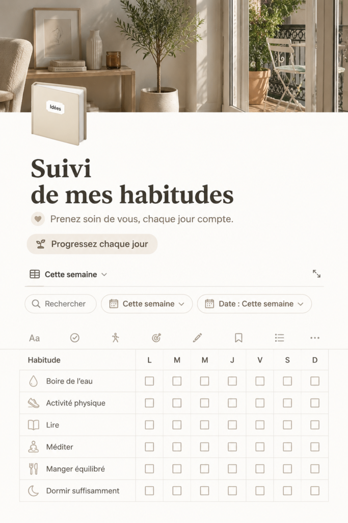 Modèle Notion pour suivre ses habitudes au quotidien, avec des cases à cocher et des catégories personnalisables.