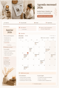 Modèle de planificateur Notion esthétique pour 2026, avec des sections pour objectifs et auto-soin.