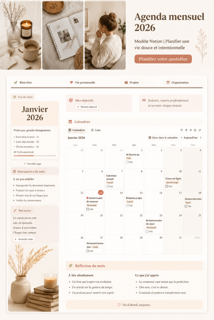 Modèle de planificateur Notion esthétique pour 2026, avec des sections pour objectifs et auto-soin.