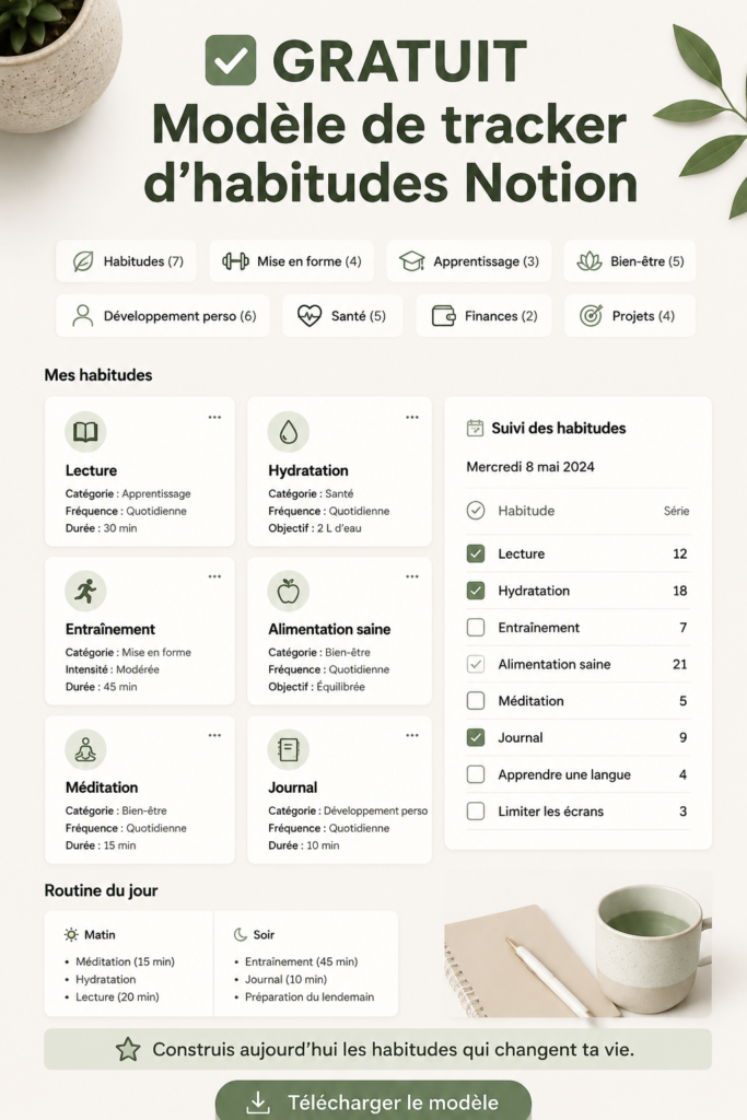 Modèle gratuit de suivi d'habitudes sur Notion en action, avec différentes catégories d'habitudes