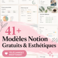 Modèles Notion gratuits présentés sur un ordinateur, montrant une interface de gestion de projet.
