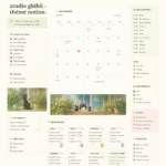 Un exemple de mise en page Notion inspirée par Studio Ghibli, avec des couleurs pastel douces et des illustrations.