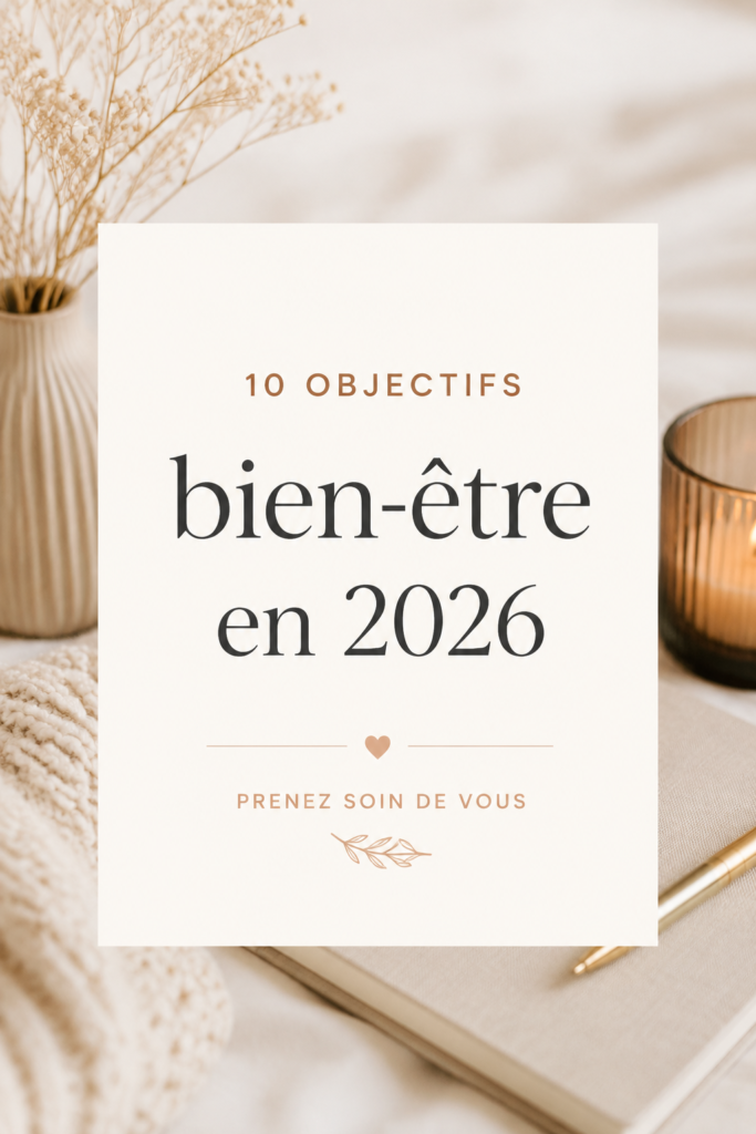 Femme heureuse écrivant ses objectifs de bien-être pour 2026 dans un carnet.