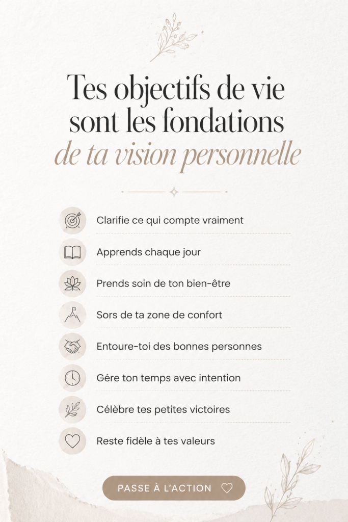 Femme écrivant sur un carnet des objectifs de vie, illustrant une vision personnelle inspirante.