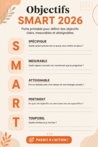 Une fiche printable avec des objectifs SMART pour 2026.