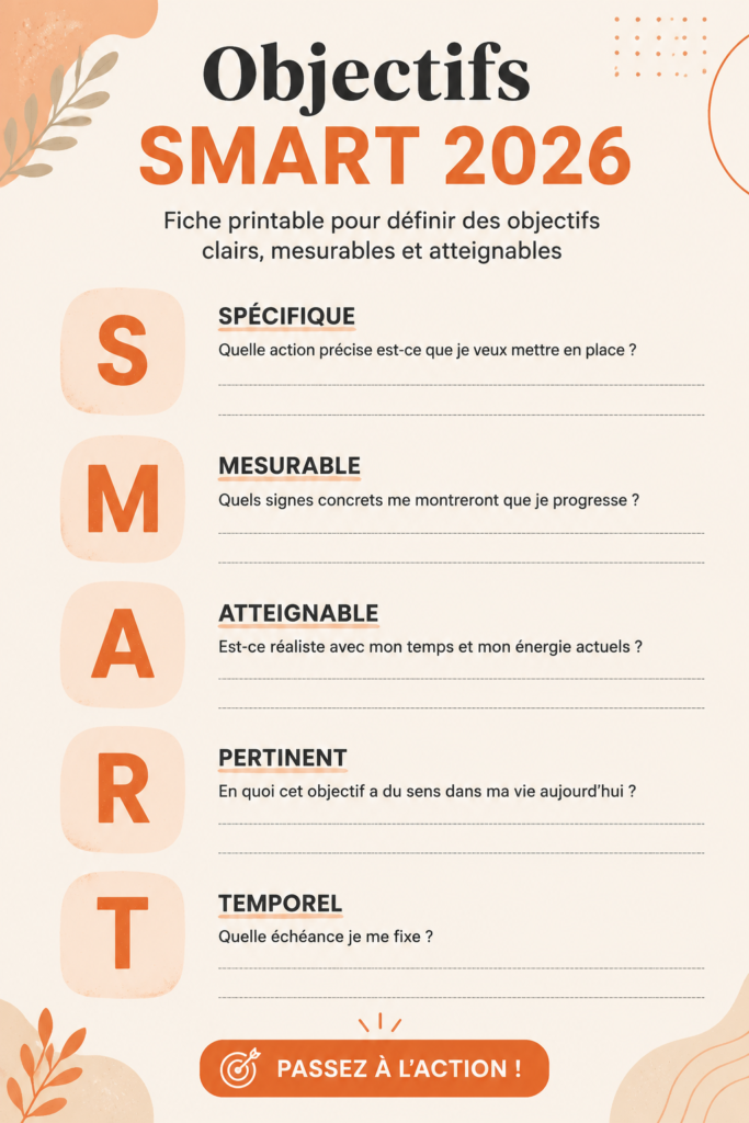 Une fiche printable avec des objectifs SMART pour 2026.