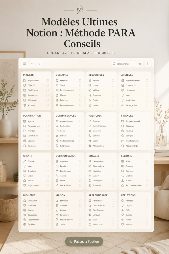Exemple d'une interface Notion utilisant la méthode PARA pour l'organisation personnelle.