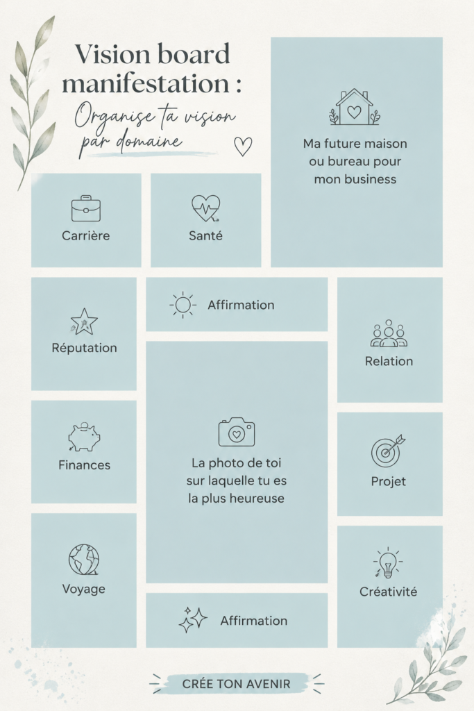 Une femme crée son vision board avec des magazines et des mots inspirants.