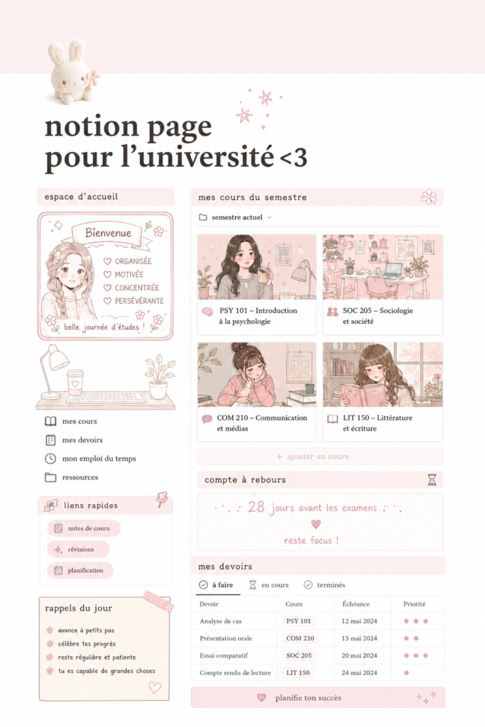 Capture d'écran d'une page Notion personnalisée pour les études universitaires