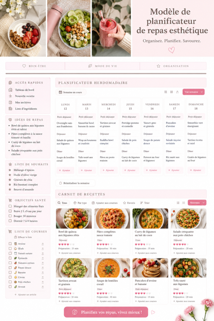 Plan de repas esthétique avec des plats colorés et sains