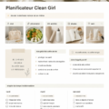 Un écran d'ordinateur affichant un planner Clean Girl sur Notion, avec des sections organisées.