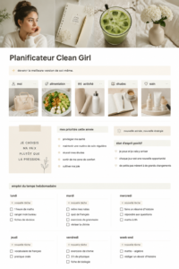 Un écran d'ordinateur affichant un planner Clean Girl sur Notion, avec des sections organisées.