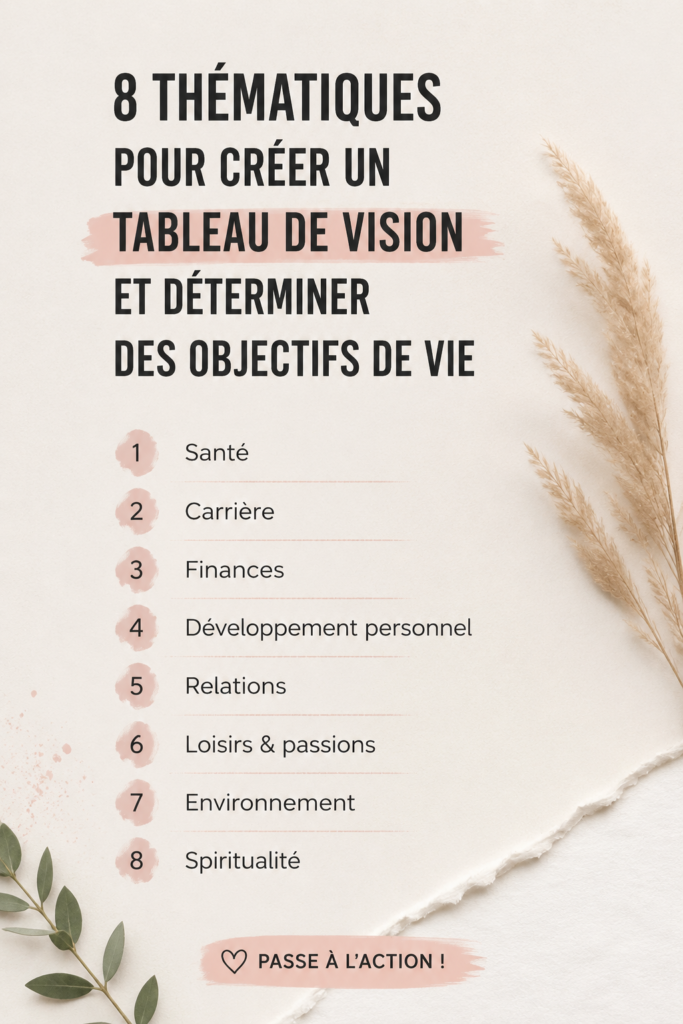 Tableau de vision coloré avec des images inspirantes et des mots-clés sur les objectifs de vie.