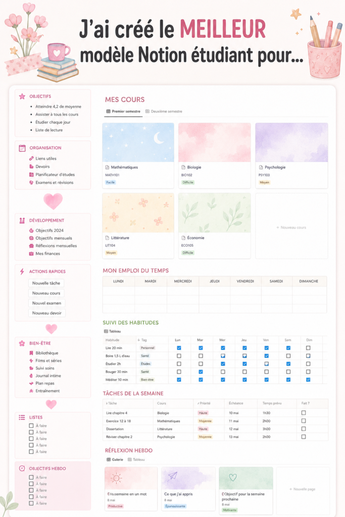 Template Notion pour étudiants avec des sections organisées et des outils d'étude