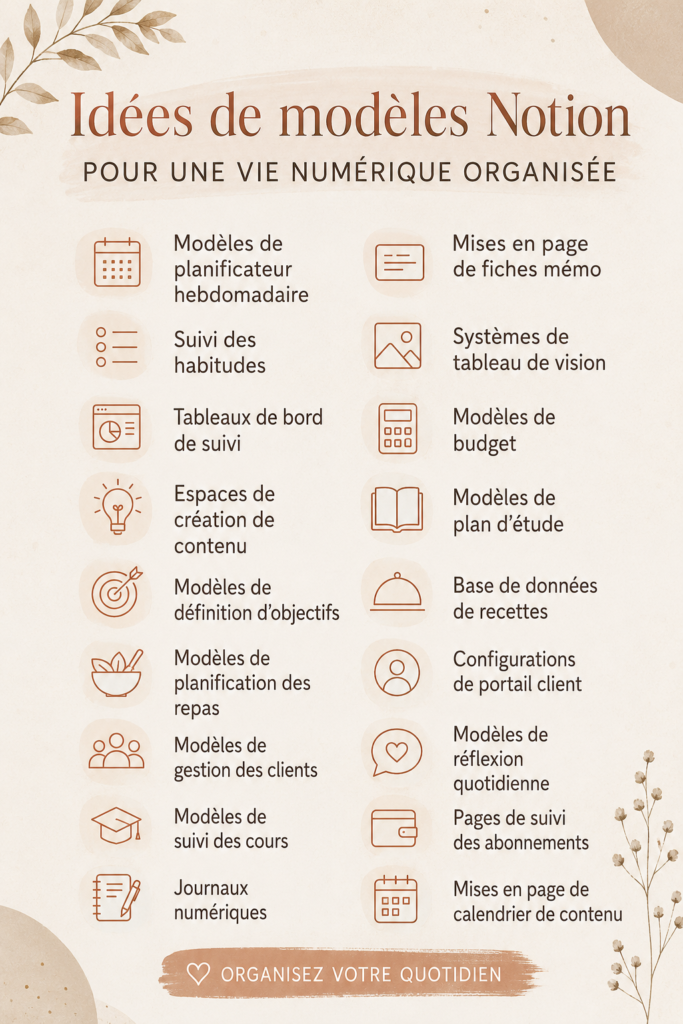 Capture d'écran d'une interface Notion bien organisée avec des templates variés, illustrant l'utilisation pratique pour une vie numérique efficace.
