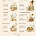 Une to-do list sur une table en bois avec des plantes en arrière-plan.