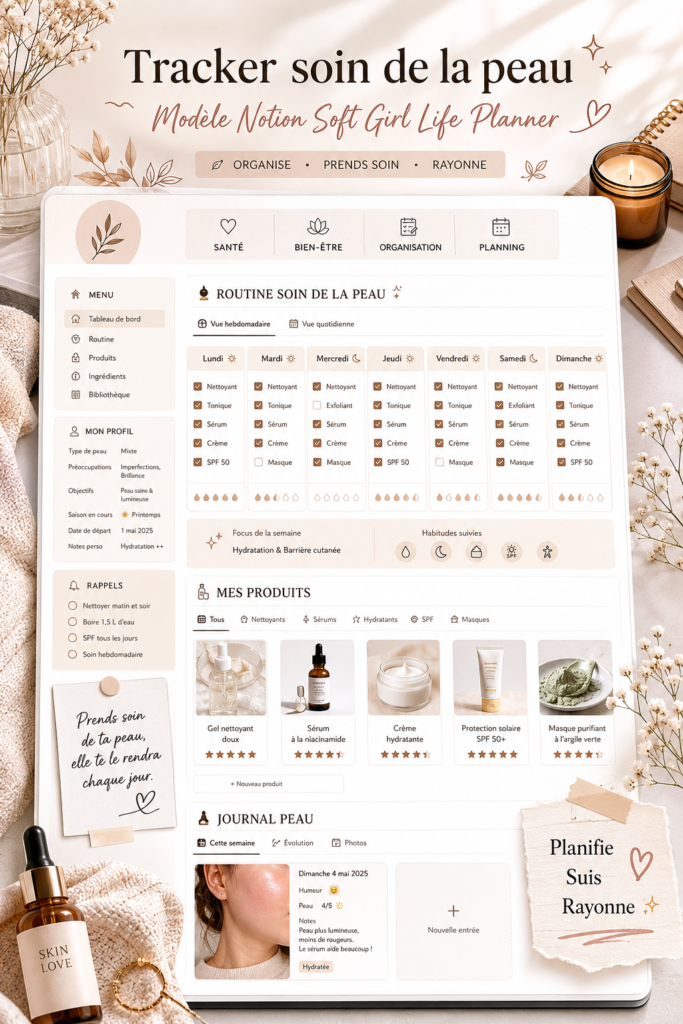 Modèle de planner skincare avec des éléments de suivi de routine beauté.