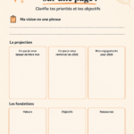 Femme créant sa vision 2026 sur une grande feuille de papier, entourée de notes et de crayons.