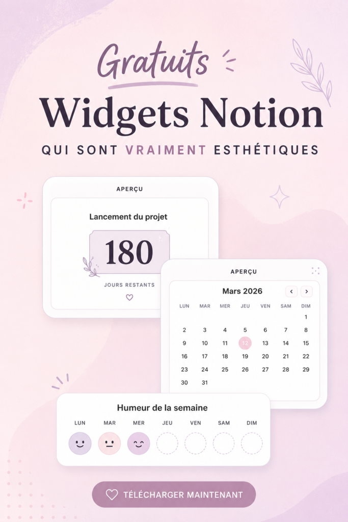 Capture d'écran d'un espace de travail Notion avec des widgets esthétiques